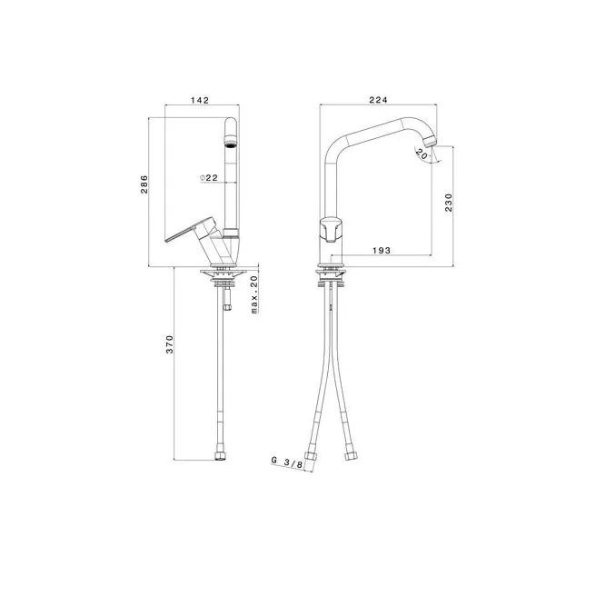 Dimensions ERBA robinet mitigeur cuisine Van Marcke Intro 20005621