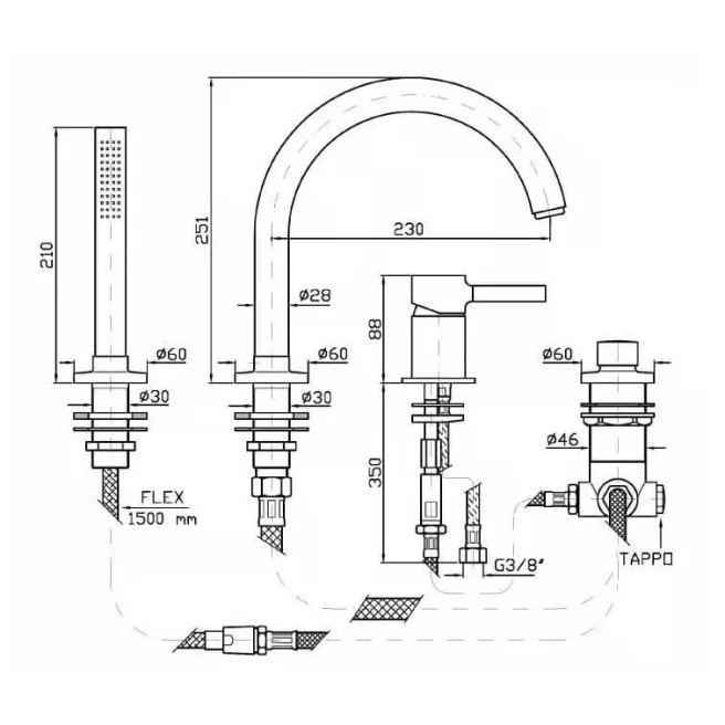 dimensions PAN mitigeur bain 4 trous Zucchetti