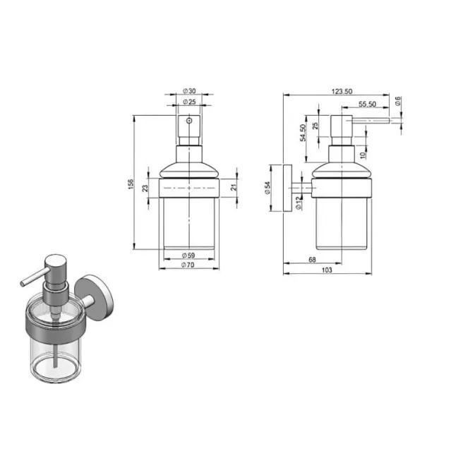 dimensions FREA distributeur savon mural laiton-verre Van Marcke 20050209