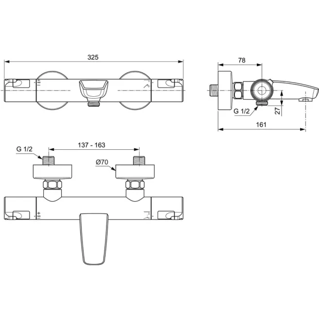 dimensions techniques Ceratherm T50  robinet thermostatique bain douche Ideal Standard A7223AA