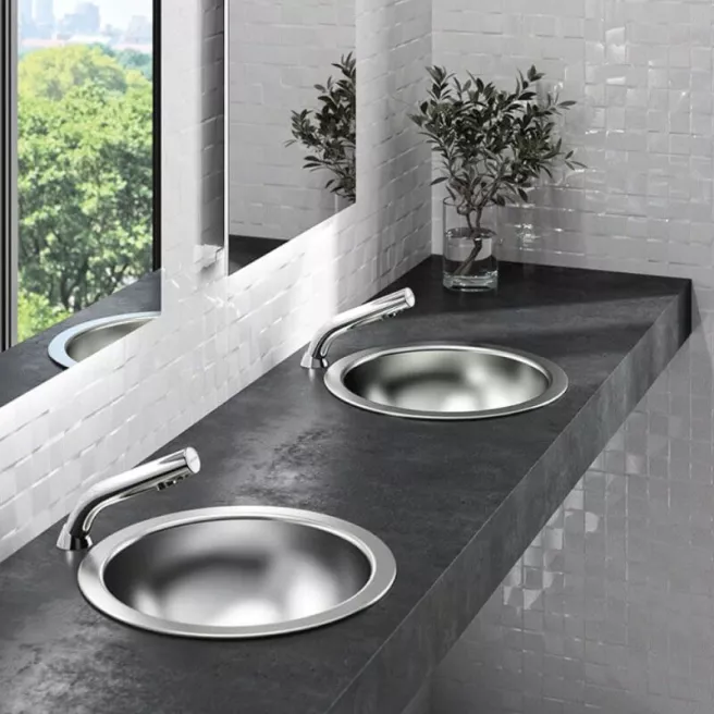 HEMI vasque ronde à encastrer  D385– Inox 304 poli satiné Delabie HEMI vasque ronde à encastrer  D385– Inox 304 poli satiné Delabie