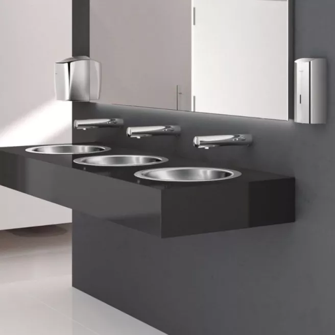 HEMI vasque ronde à encastrer  D385– Inox 304 poli satiné Delabie HEMI vasque ronde à encastrer  D385– Inox 304 poli satiné Delabie