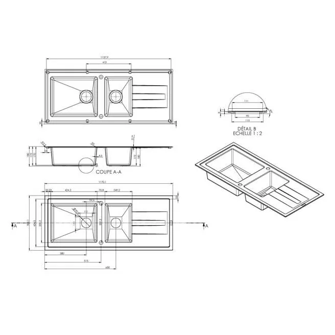 Molto inbouwspoelbak met 2 kommen 117 x 50 cm zwart Van Marcke