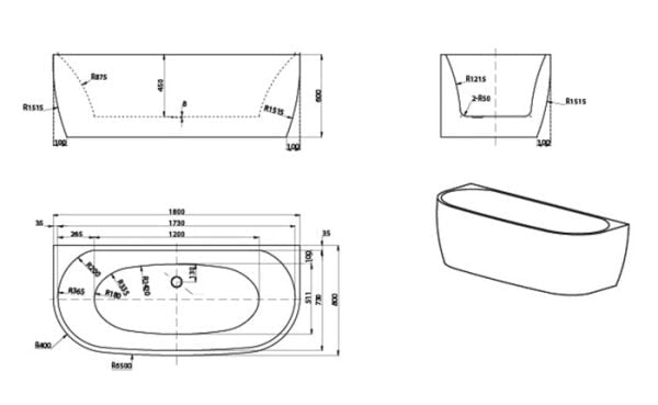 dessin technique D SHAPE DESIGN BAIGNOIRE DUO 180X80 VAN MARCKE 119887 blanc mat