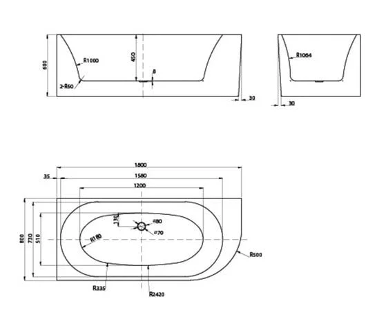 dessin technique D SHAPE DESIGN BAIGNOIRE DUO 180X80 VAN MARCKE 119891 blanc mat